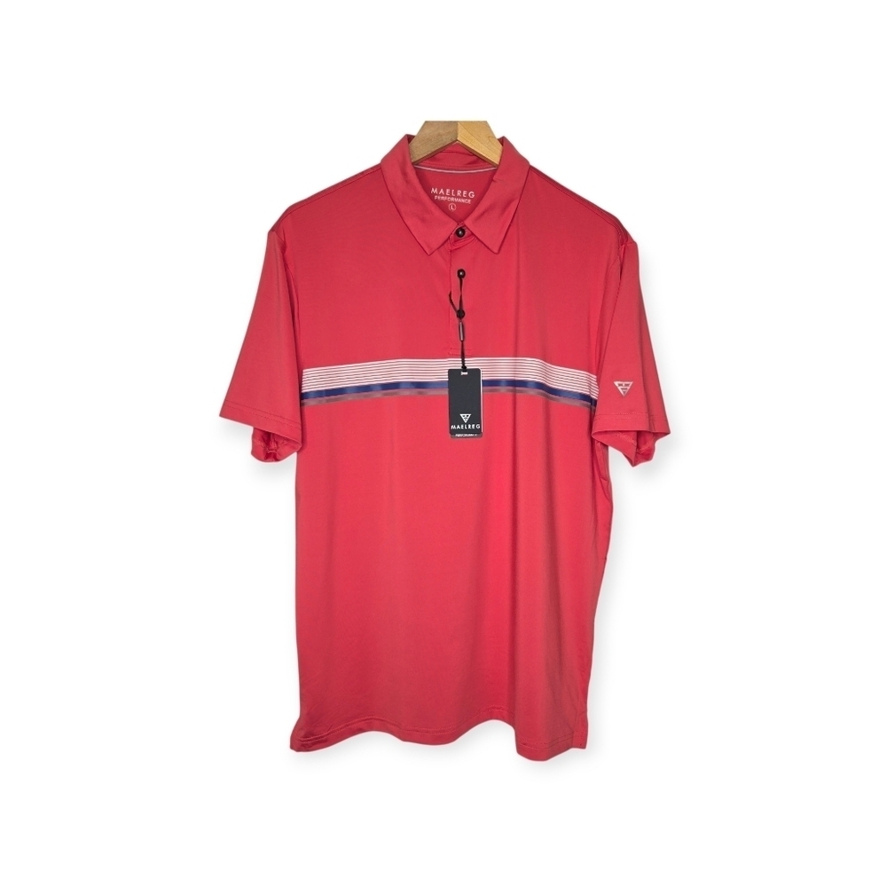 Maelreg Mens Cranberry Pink Striped Performance Golf Polo Shirt Size Large